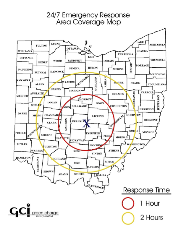 Map of Ohio with one hour and two hour response rings around Franklin County